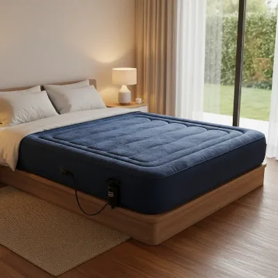 A comfortable air mattress inflating with a built-in pump in a modern guest room, ready for use