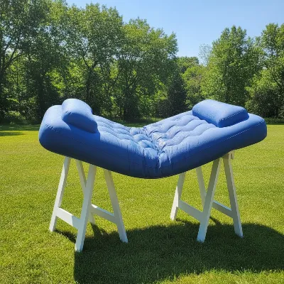 An air mattress drying completely outdoors in warm sunlight.