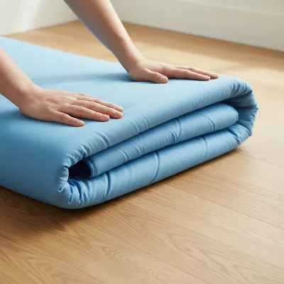 A person carefully folding a deflated air mattress on a clean floor, demonstrating proper technique to avoid creases.