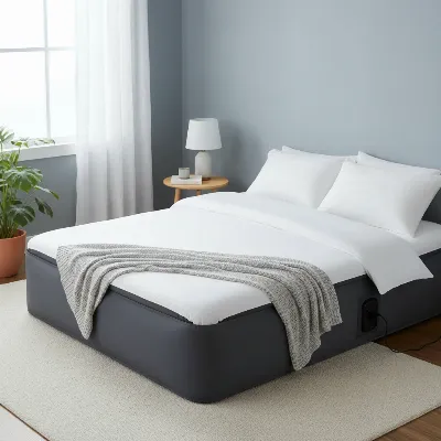 A comfortable queen air mattress with a built-in pump set up in a modern guest room, ready for visitors, bathed in soft morning light.