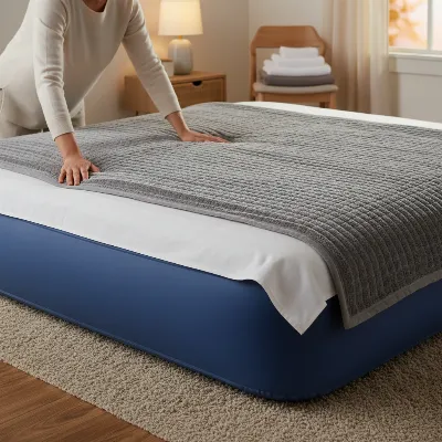 A person setting up an air mattress with multiple layers for warmth, including a sheet and a heated blanket on top, in a cozy bedroom setting, soft lighting, realistic style