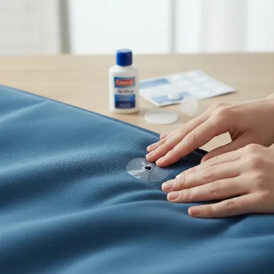 A person applying a patch to a small leak on an inflated air mattress with a repair kit