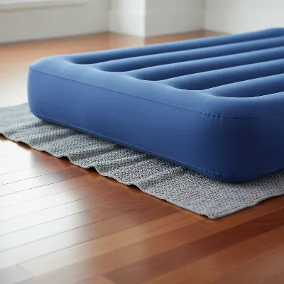 A close-up of an air mattress on a smooth wooden floor, with a visible non-slip rug pad underneath.