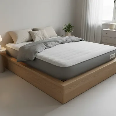 Air mattress on a platform bed frame for stability.