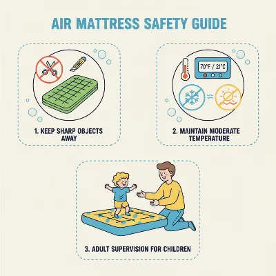 An illustrative image showing safety precautions for air mattress use in a home setting