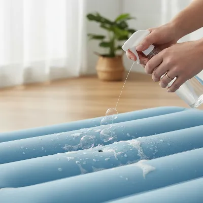 Person spraying soapy water on an inflated air mattress, looking for bubbles to indicate a leak