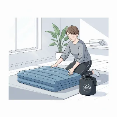 Person neatly folding a deflated air mattress into its storage bag, tidy room, soft light, illustrative style