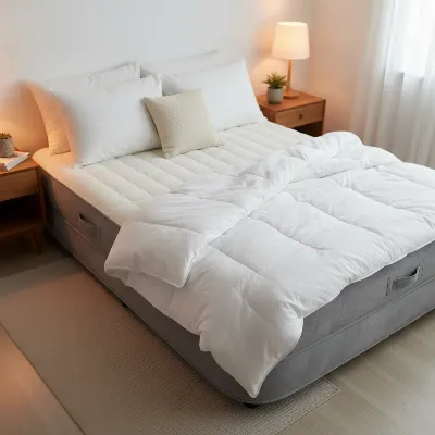 Luxurious air mattress with thick memory foam topper and soft bedding