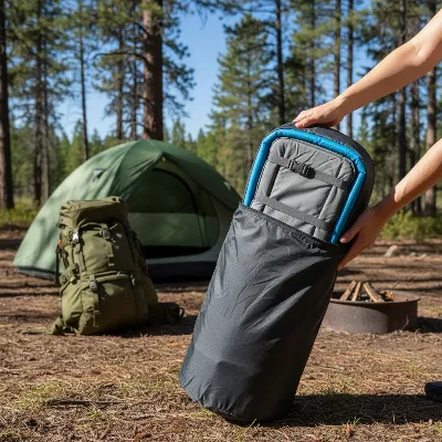 A compact, deflated air mattress being packed into a carrying bag next to camping gear outdoors, emphasizing portability