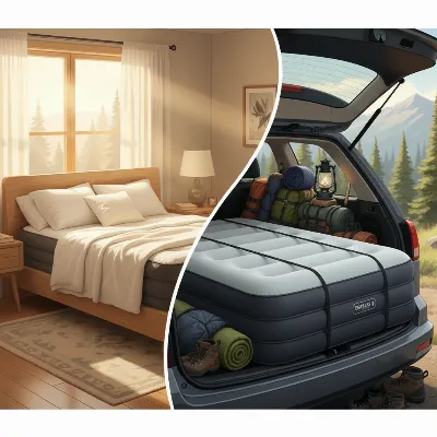 An air mattress being used in a versatile setting, transitioning from a cozy guest bedroom to a compact camping tent with ease, highlighting its adaptability and convenience.