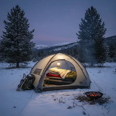 An outdoor winter camping scene at night with a well-insulated tent, showing an air mattress inside layered with warm blankets and a sleeping bag, snow on the ground, cozy and safe ambiance, realistic style