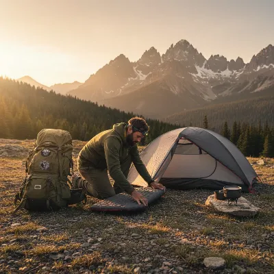 A backpacker unrolling a self-inflating air mattress outside a tent in a scenic mountain setting, late afternoon light.