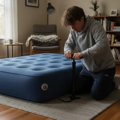 Person using a bicycle pump to inflate an air mattress in a living room