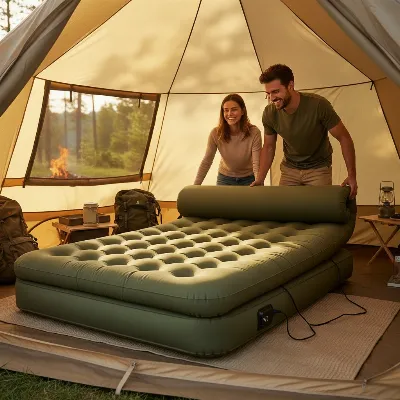 A couple setting up a comfortable, elevated camping air mattress inside a spacious tent, with natural light filtering in, highlighting the mattress's thickness and soft surface for a cozy camping experience.