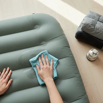A person gently wiping down an inflated REI Co-op Camp Dreamer Air Mattress with a cloth, demonstrating cleaning and care tips.