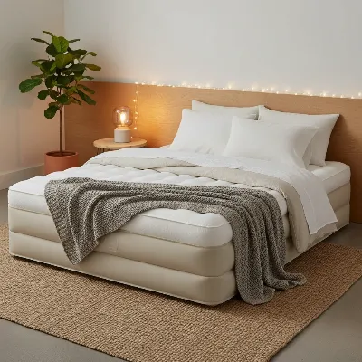 Beautifully styled air mattress in a minimalist bedroom