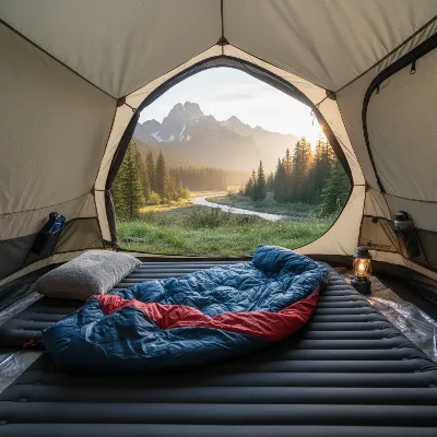 Exped MegaMat camping air mattress providing a comfortable sleep in a tent surrounded by nature