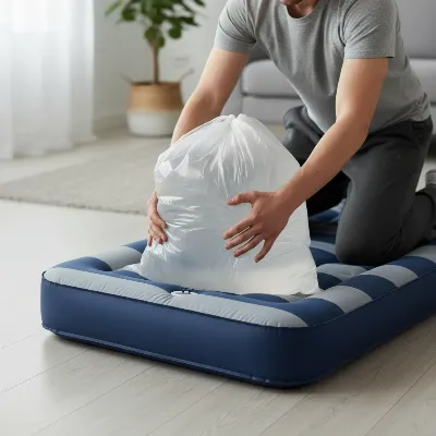 Person using a large garbage bag to inflate an air mattress manually