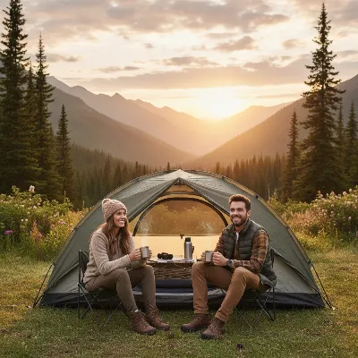 Two happy campers enjoying coffee outside their tent at sunrise.