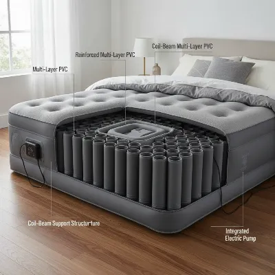 Heavy-duty air mattress with internal coil beam construction for stability and durability