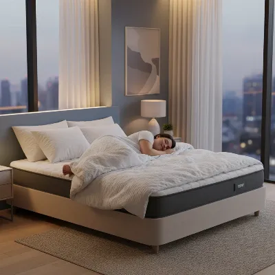 A heavy person sleeping comfortably on a supportive air mattress in a modern guest room, soft lighting, realistic style