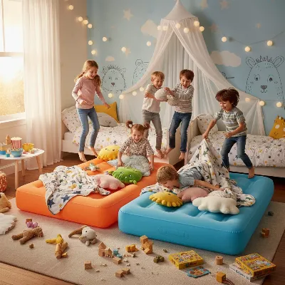 Kids enjoying a sleepover on colorful twin air mattresses with blankets and pillows in a cozy, softly lit room.