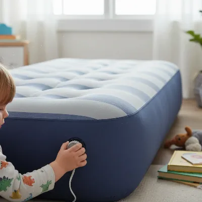 Child helping to inflate a twin air mattress with an electric pump, showing ease of use.