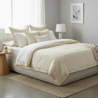 A luxurious king-size air mattress with plump pillows and soft linens set up in a modern, well-decorated guest room, with warm, inviting lighting.
