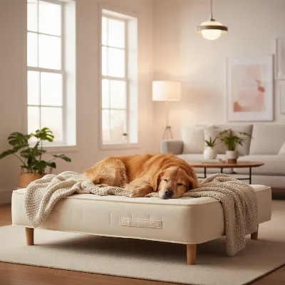 A friendly golden retriever peacefully sleeping on a comfortable, raised air mattress indoors, with a soft blanket, showing the durability and comfort of the mattress.