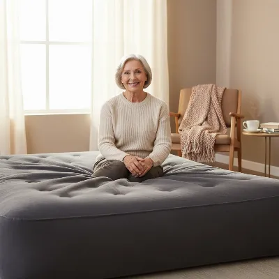 A senior woman comfortably sitting on a raised air mattress, smiling, with a supportive pillow behind her back, indicating ease of use and comfort. Bright, soft lighting. Realistic style.