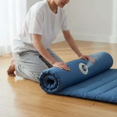 A person carefully deflating an air mattress by rolling, avoiding sharp objects in a safe, clear environment.