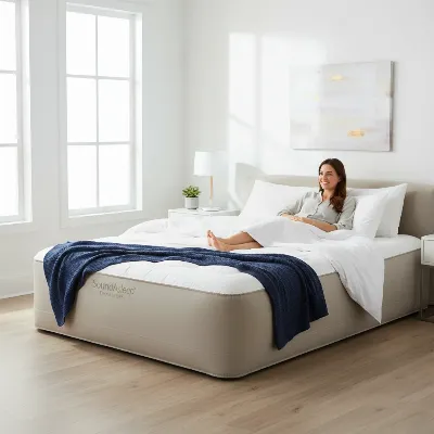 A person comfortably testing the SoundAsleep Dream Series Air Mattress in a modern bedroom setting